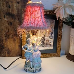 Vintage Porcelain Figurine Lamp with Pink Shade